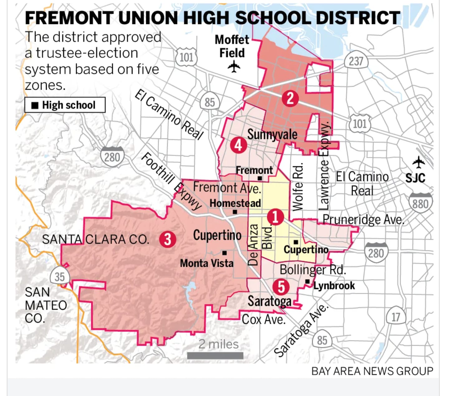 Fremont Union High School District trustee-area map with Trustee Area 3 highlighted