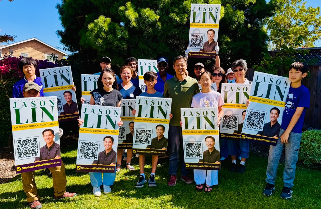 Jason Lin with community supporters and volunteers for FUHSD Board of Trustees